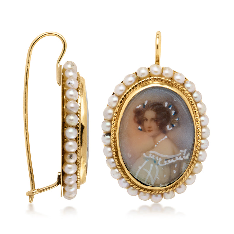 Oval portrait earrings with gold earwire, pearl strand details, oval bezel