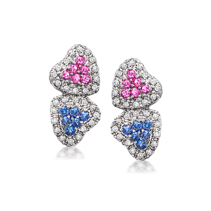 Heart drop earrings in white gold with pink and blue sapphires and diamond accents