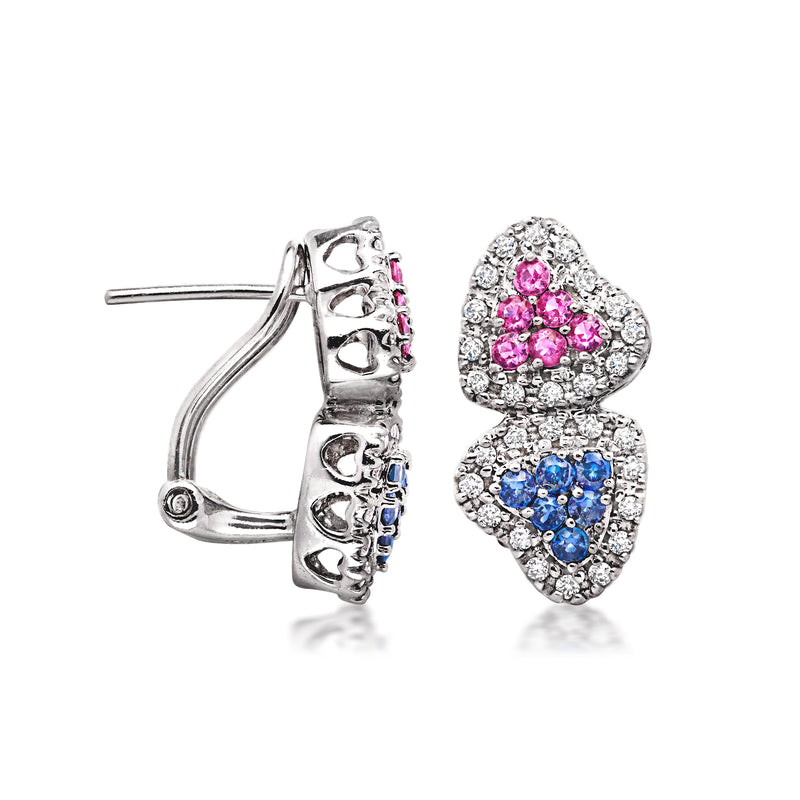 Post heart earrings with white gold; pink and blue sapphire hearts with diamond borders