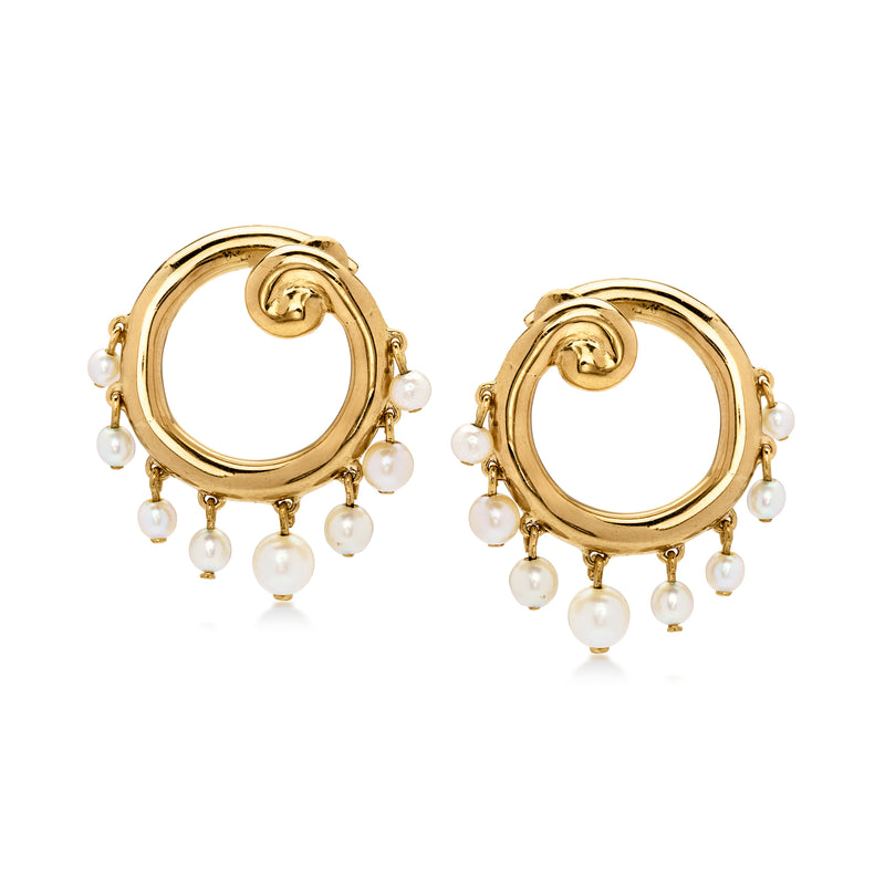 18kt yellow gold swirl clip earrings with white cultured pearl drops, circular frame