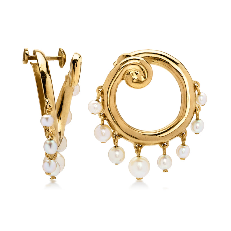 18kt yellow gold swirl clip earrings with pearl dangles and clasp backs