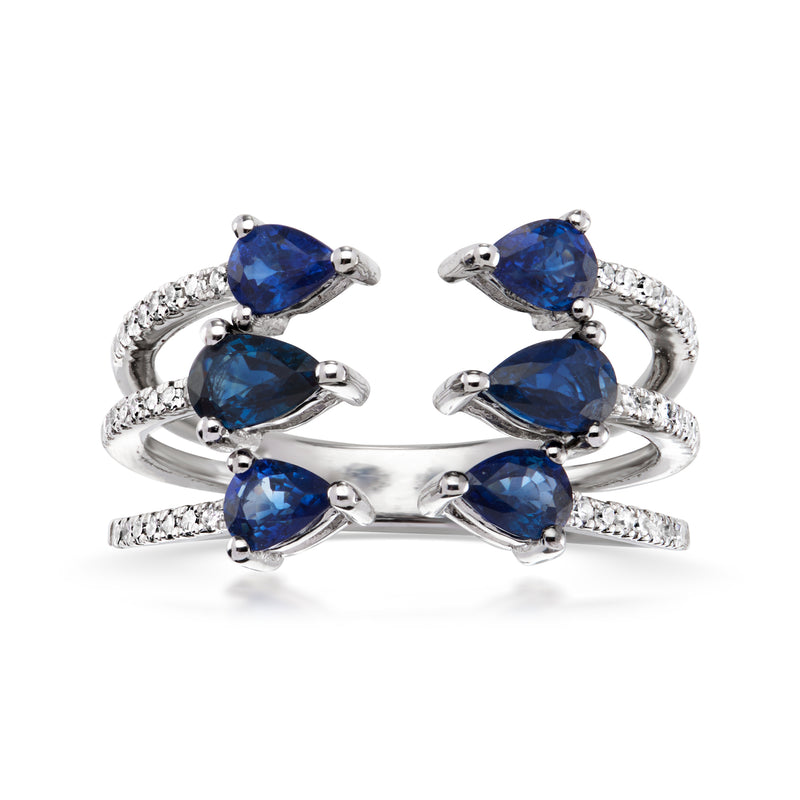 Open-space sapphire and diamond ring in 14kt white gold, oval blue stones
