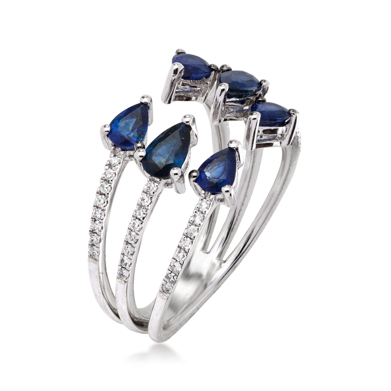 Sapphire and diamond open-space ring, side view with oval blue settings