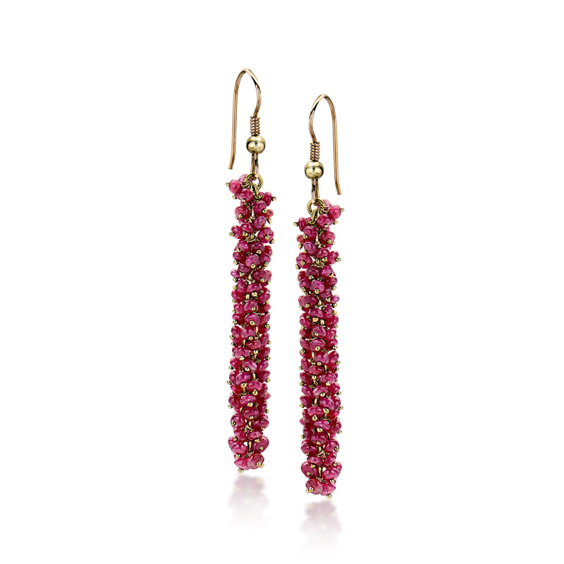 Ruby beaded drop earrings with yellow gold ear wires, long dangling fringe