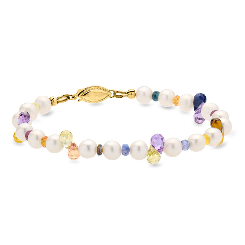 Cultured pearl and multigem bracelet with white pearls and colorful stones, 14kt yellow gold links
