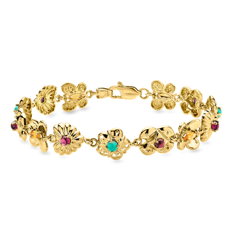 10kt yellow gold charm bracelet with colorful gemstone charms and turquoise accents