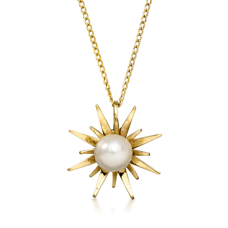 18kt yellow gold starburst pendant necklace with round cultured pearl and chain