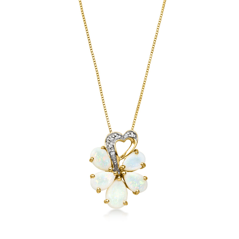 10kt yellow gold flower pendant necklace with opal petals and diamond accents