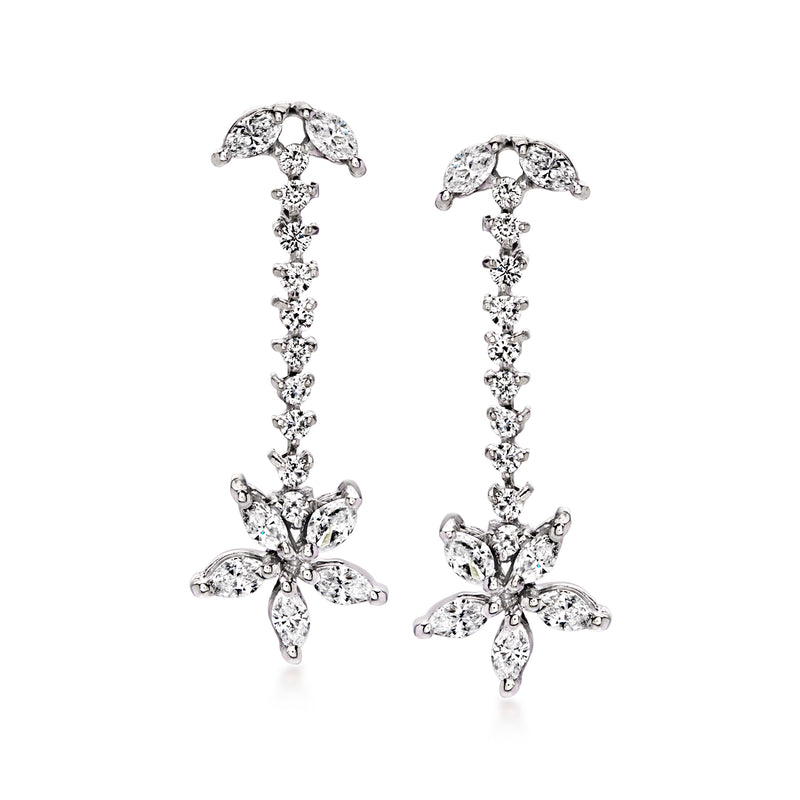 Diamond flower drop earrings in 18kt white gold, dangling floral cluster with stones