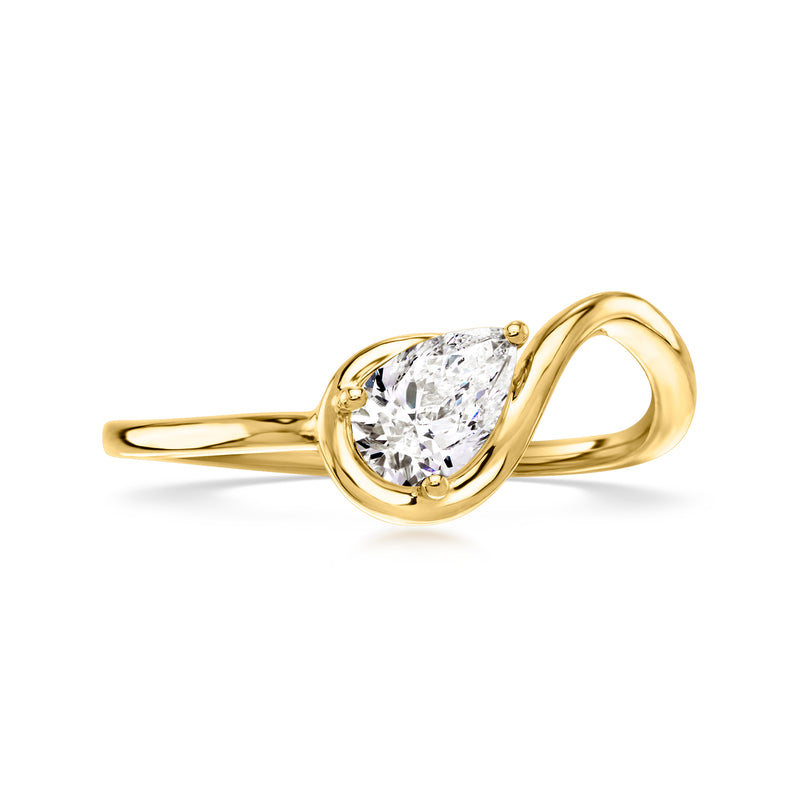 Pear-shaped lab diamond ring with gold open swirl setting, 18kt gold over sterling