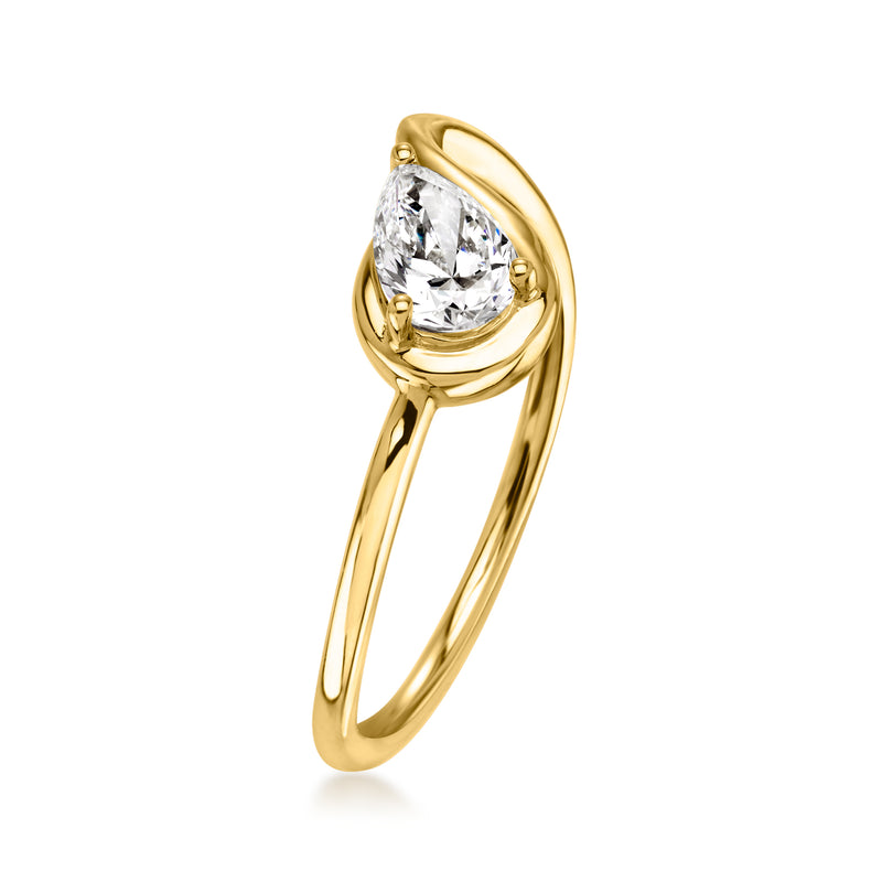 Pear-shaped lab diamond ring, gold band with side prongs and open teardrop frame