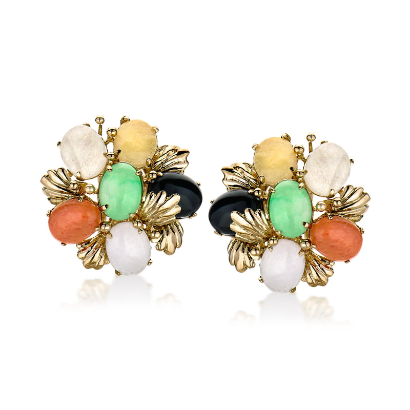 14kt yellow gold cluster clip earrings with jade, coral, and white cabochons