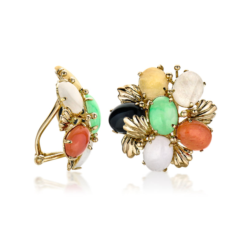 Gold-toned jade cluster clip earrings with oval green center and coral & white stones