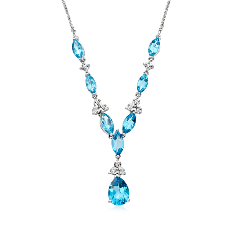 10kt white gold necklace with blue topaz drops and diamond accents, V-shaped