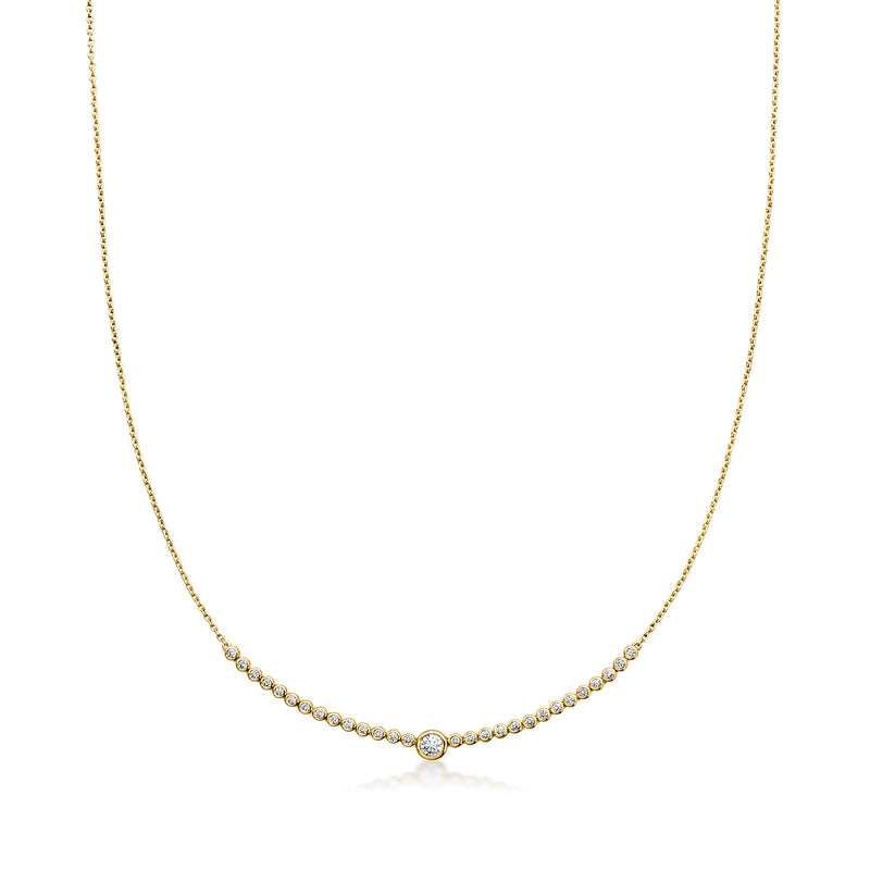 Curved bar diamond necklace with small bezel-set round stones on gold chain