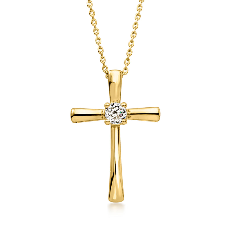 Gold cross pendant necklace with round lab-grown diamond on 18kt gold over sterling
