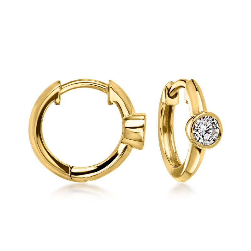 18kt gold over sterling hoop earrings with round bezel-set lab-grown diamond