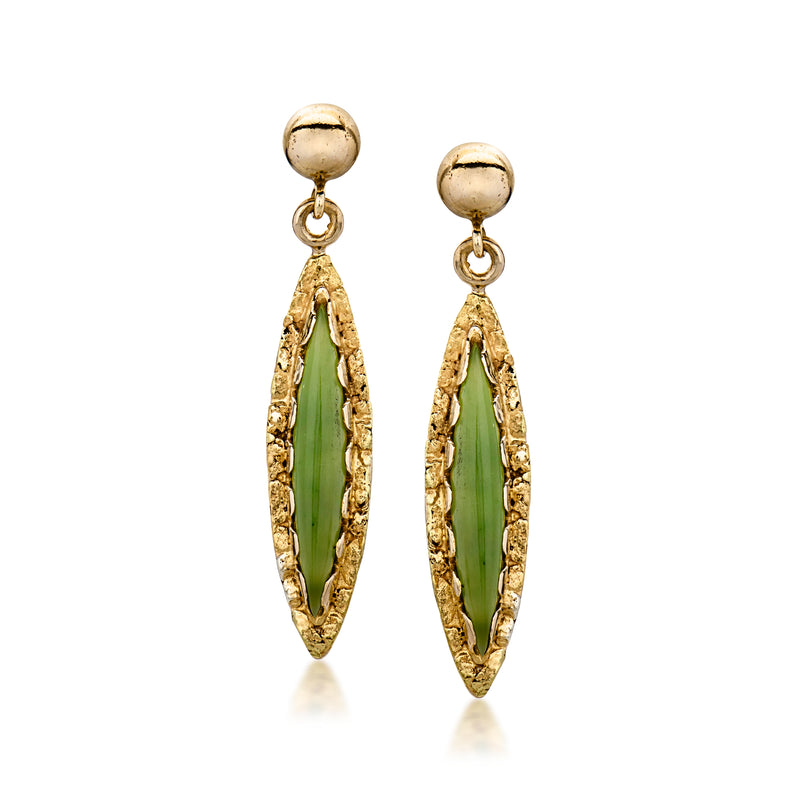 Marquise jade drop earrings in 10kt yellow gold, green teardrop stones in gold settings.