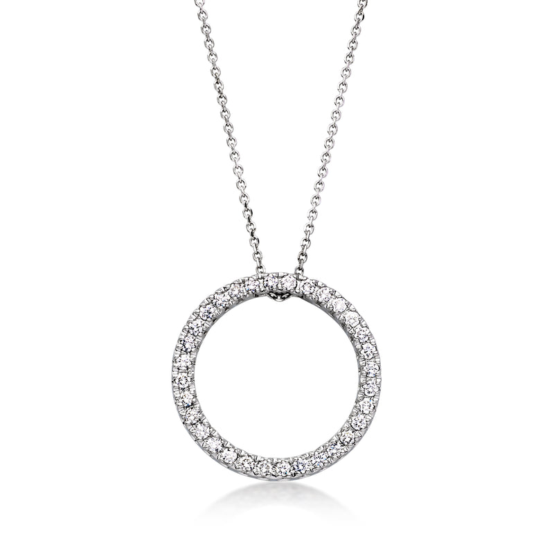 14kt white gold diamond eternity circle necklace with round bezel pendant, fine chain