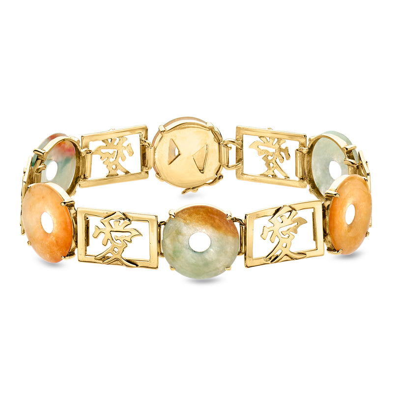 Vintage gold symbol link bracelet with multicolored jade cabochons, 14k yellow gold tone