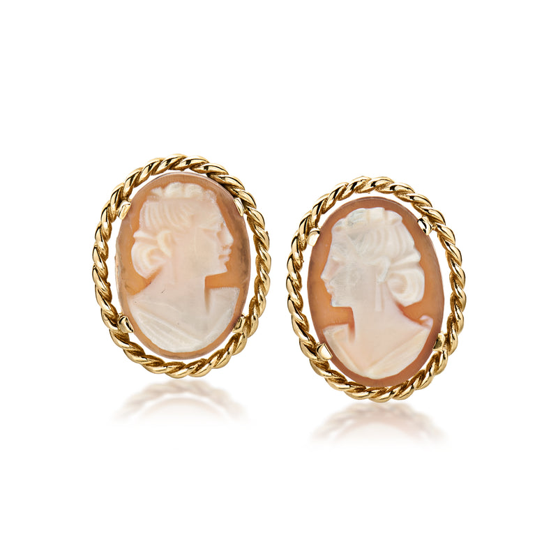 Oval shell cameo stud earrings with orange-beige profile in twisted gold frame