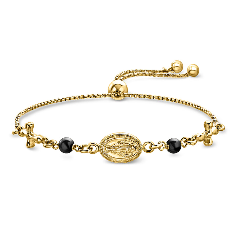 Gold over sterling bolo bracelet with Miraculous Medal, black onyx beads, gold clasp
