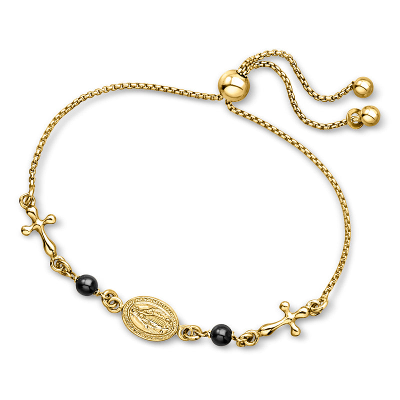 Gold bolo bracelet with oval Miraculous Medal, black onyx beads, small dangling cross