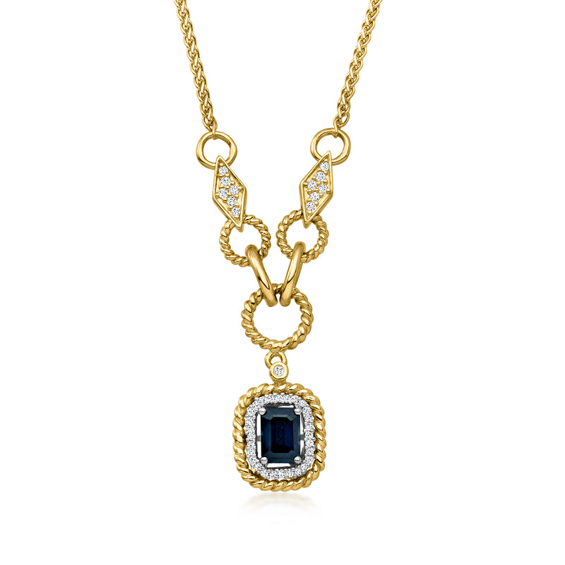 Gold drop necklace with square blue sapphire halo and diamond accents