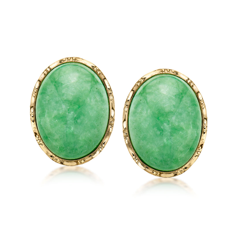 Oval green jade earrings in 14kt yellow gold with textured bezel, clip/post style
