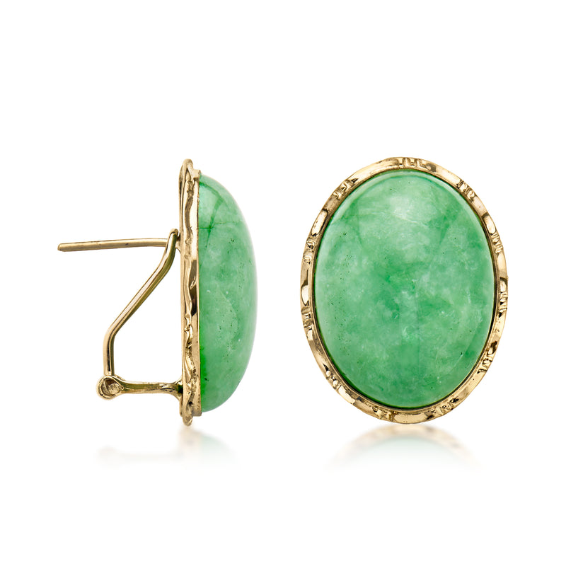 Oval green jade stud earrings in 14kt yellow gold with textured bezel, hinge clip back