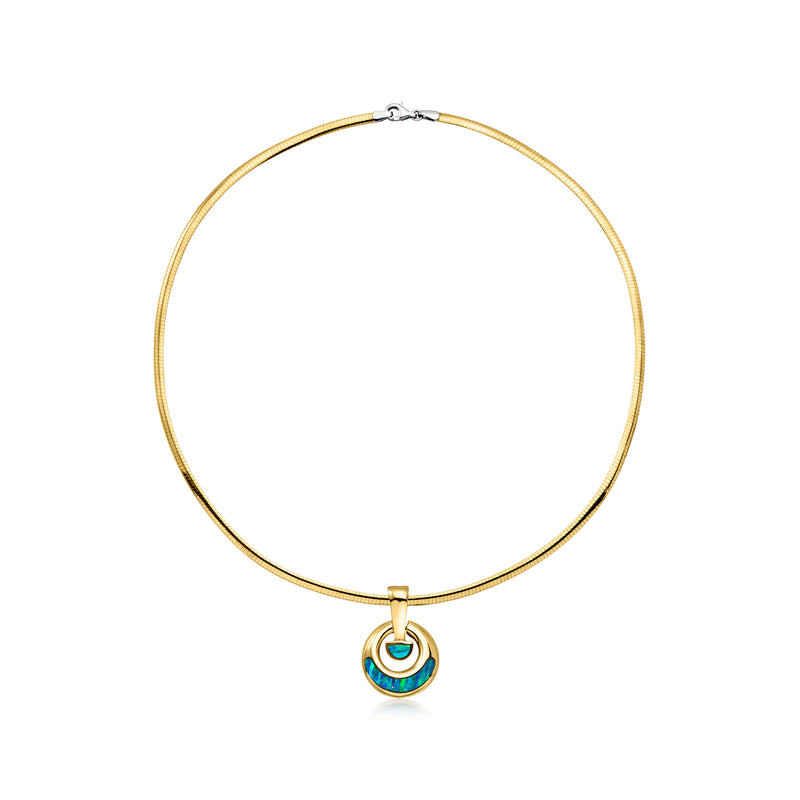 14kt yellow gold omega necklace with round opal pendant in blue and green