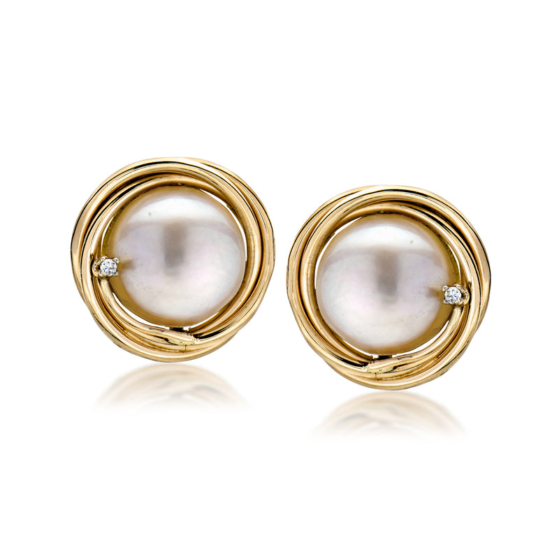 14kt yellow gold cultured pearl stud earrings with diamond accents, triple-ring halo