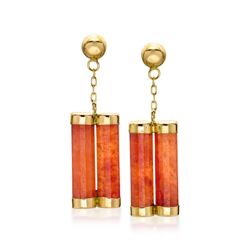 Vintage 14kt yellow gold jade drop earrings with orange cylindrical stones