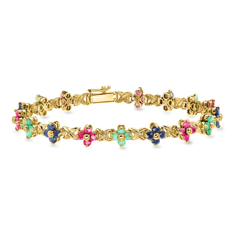 14kt yellow gold flower station bracelet with multicolor gemstones and hinged clasp