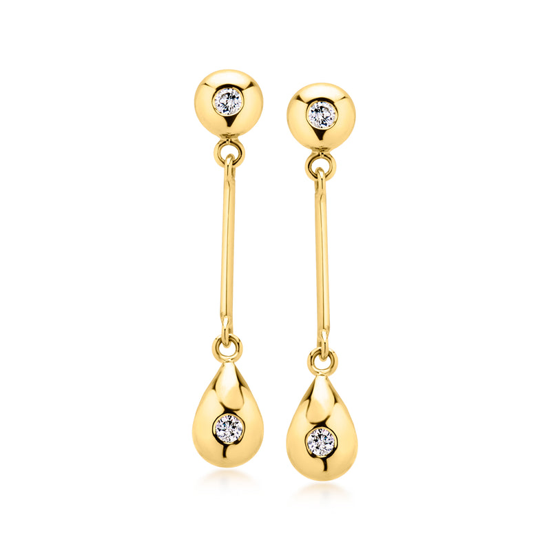 18kt yellow gold drop earrings with round diamond tops and teardrop diamond dangles