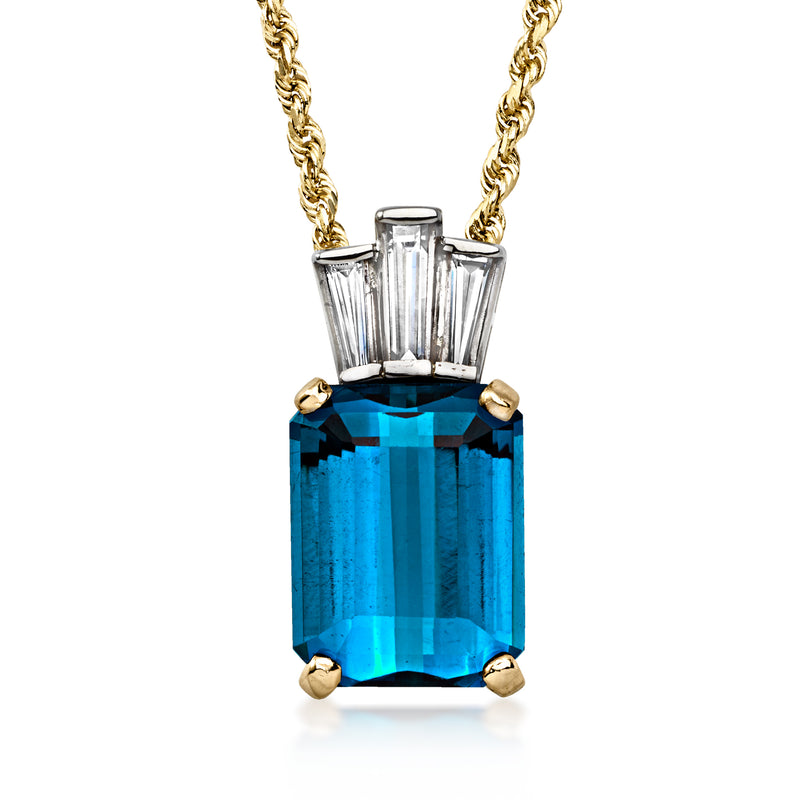 Two-tone gold pendant necklace with rectangular London blue topaz and pronged setting