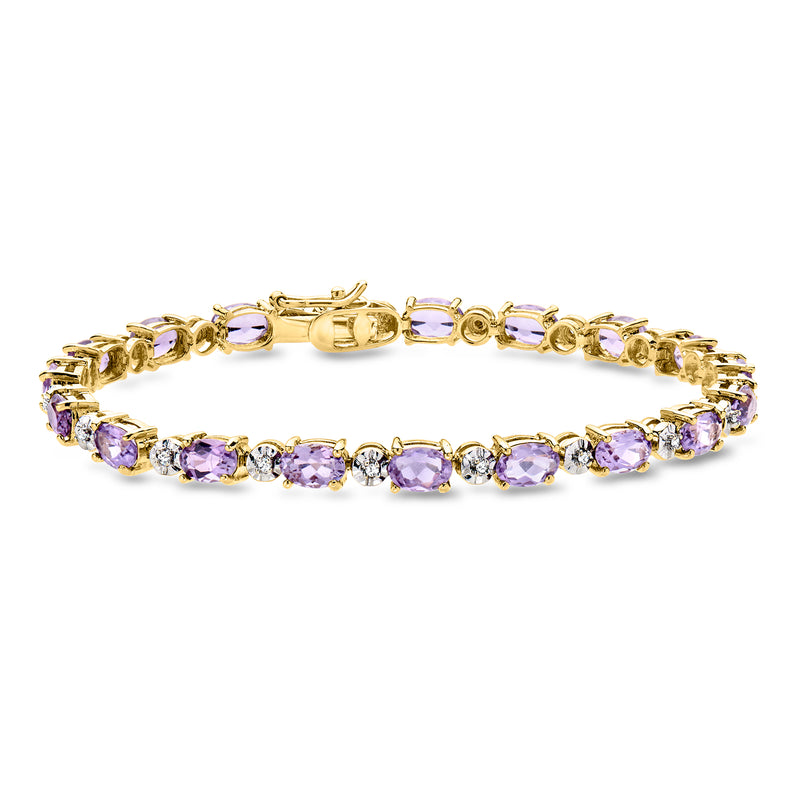 10kt yellow gold tennis bracelet with amethyst and small diamond accents, oval purple stones