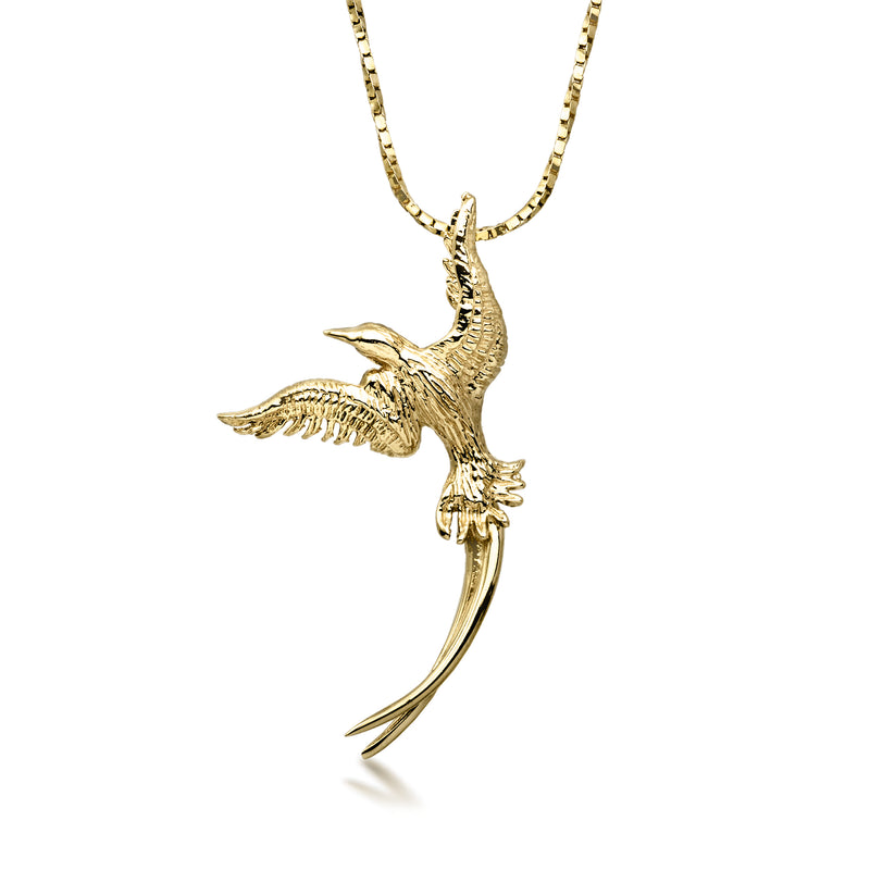 14kt yellow gold bird pendant necklace with curved talons and spread wings