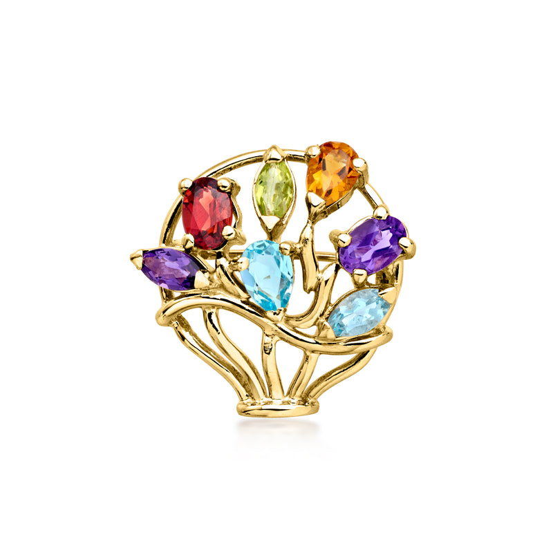 Yellow gold flower vase pin with multicolor gemstones in an ornate basket setting