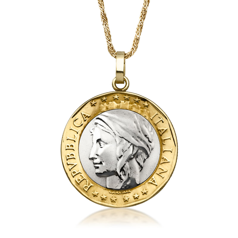 14kt yellow gold coin pendant necklace with portrait medallion and link chain