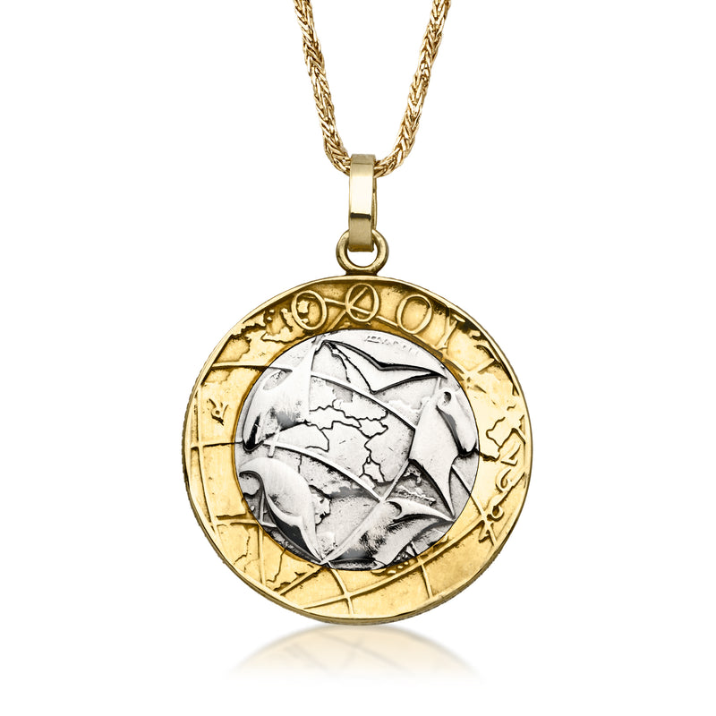 14kt yellow gold coin pendant necklace with round map scene medallion