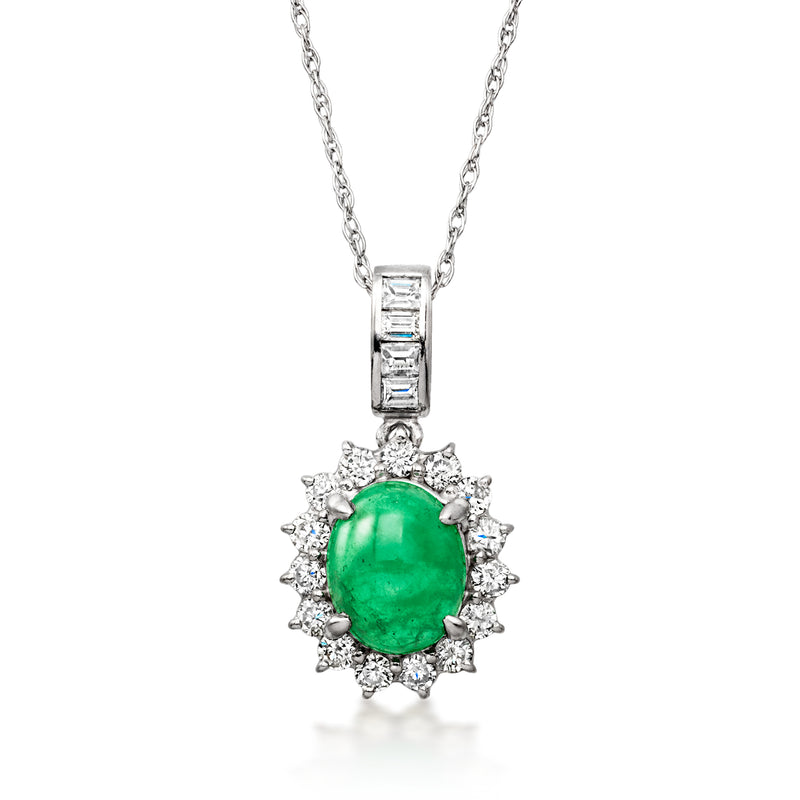 Platinum pendant necklace with oval emerald green center and diamond starburst halo