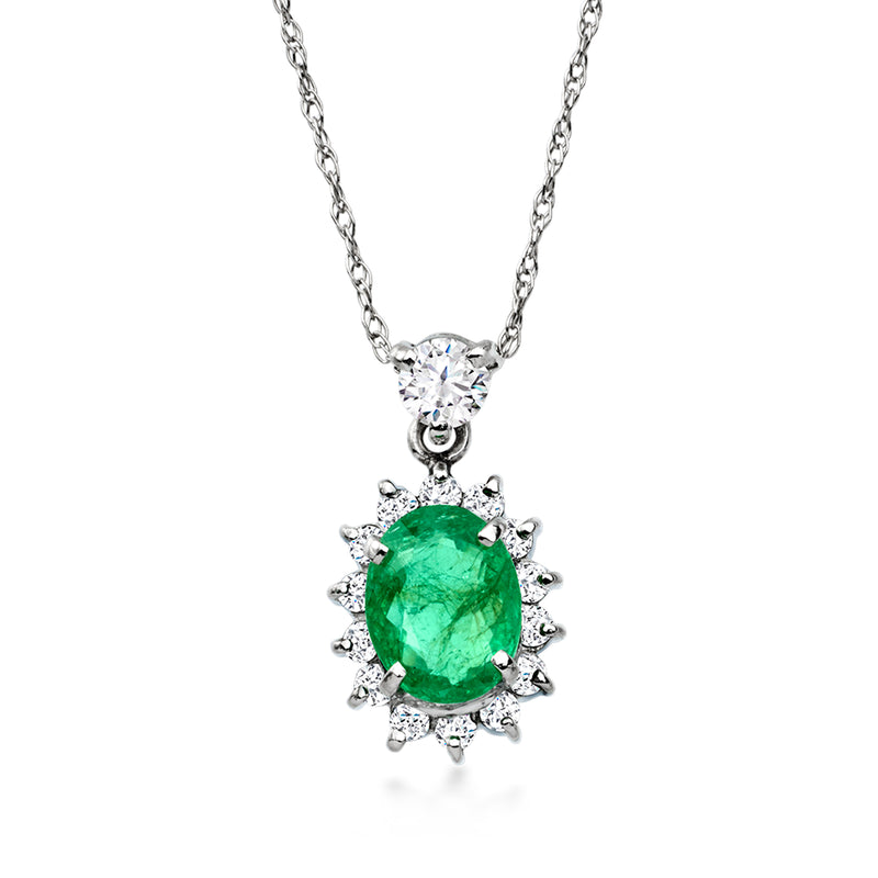 Platinum pendant necklace with oval green emerald center and diamond halo