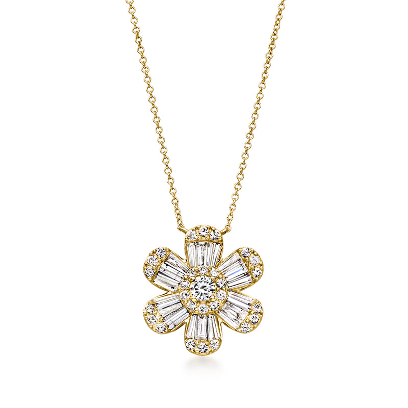 14kt yellow gold diamond flower necklace pendant with round and baguette-cut stones