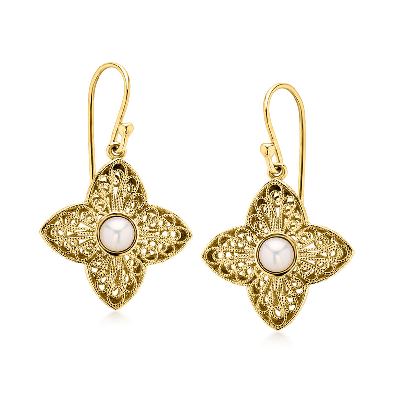 Gold-plated floral filigree drop earrings with round cultured pearl center