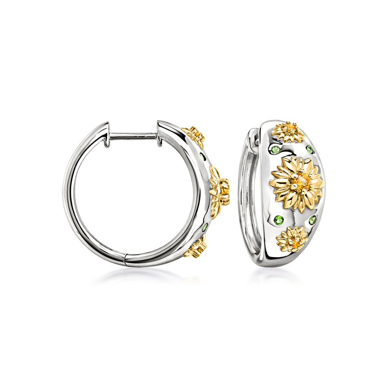 Sterling silver hoop earrings with gold flower inlays and green-blue gems