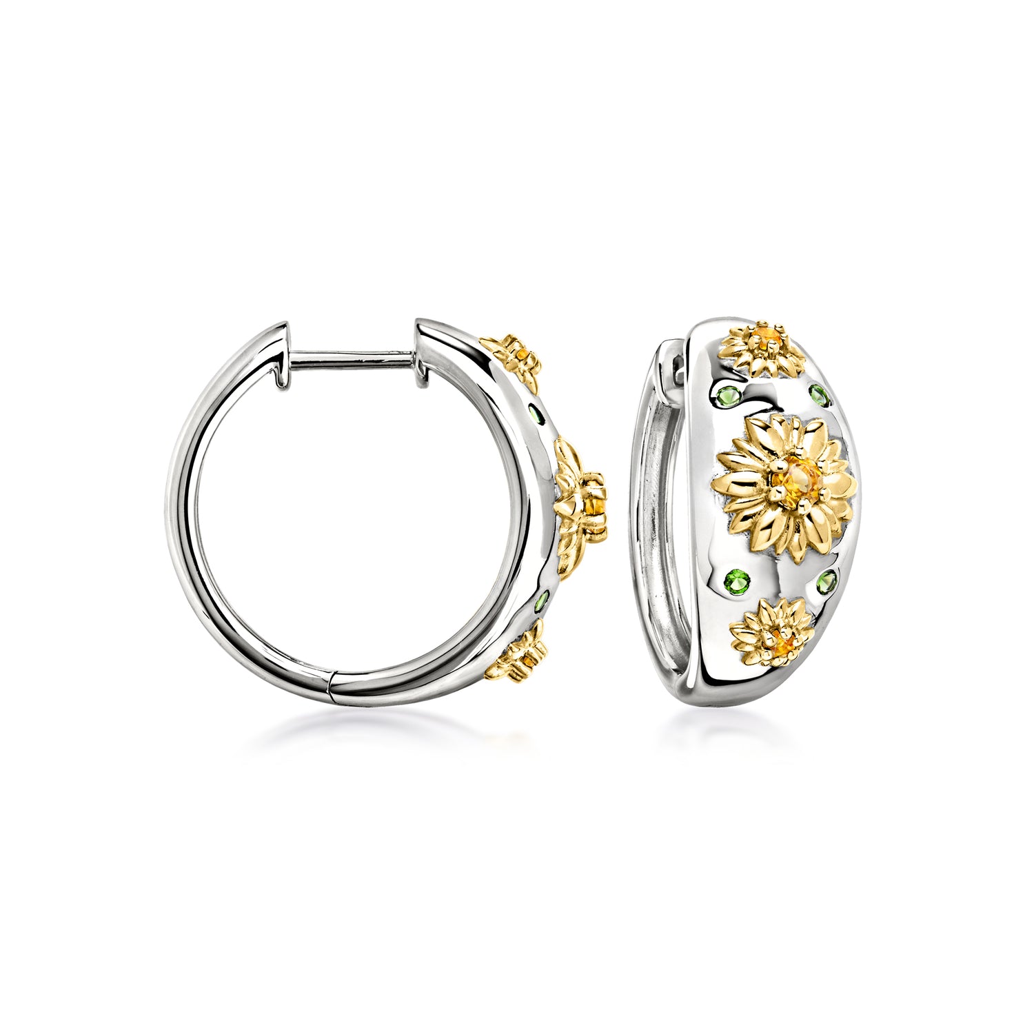 .60 ct. t.w. Chrome Diopside and .10 ct. t.w. Citrine Flower Hoop Earrings in Sterling Silver and 18kt Yellow Gold Over Sterling