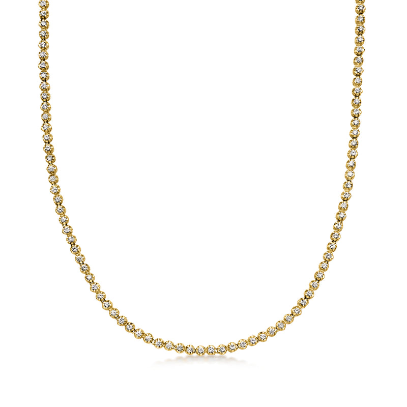 Yellow gold diamond tennis necklace with evenly spaced round stones