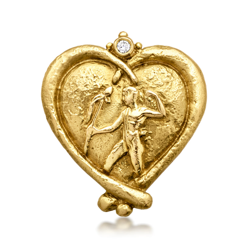 14kt yellow gold heart pendant with man figure and single round diamond