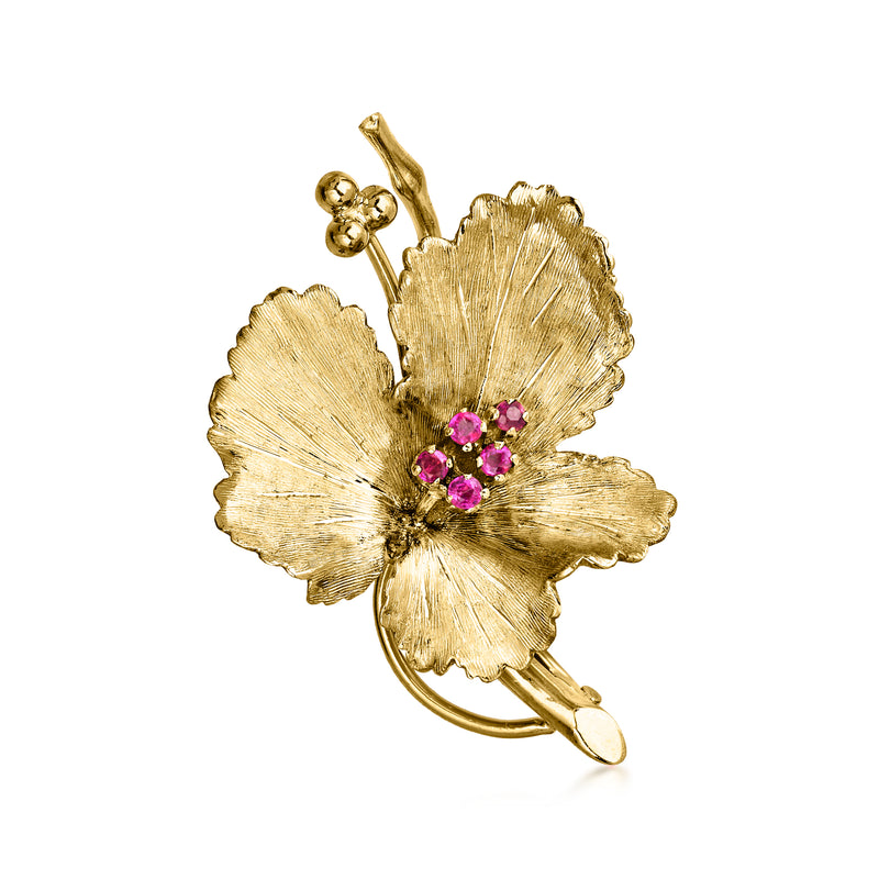 Vintage yellow gold leaf pin with pink ruby-like stones and clasp back